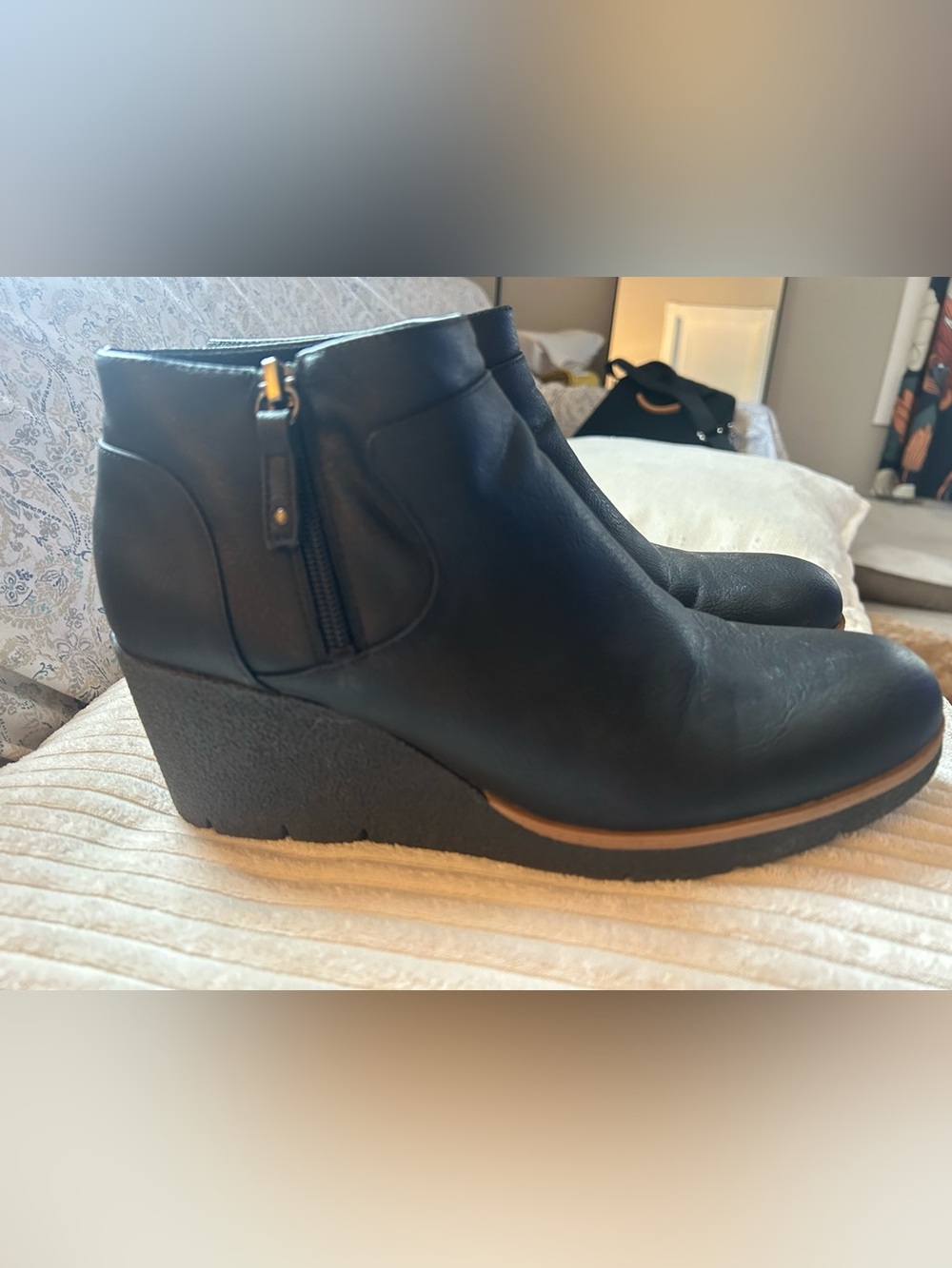 Dr. Scholl's Black Wedge Ankle Boots with Tan Trim